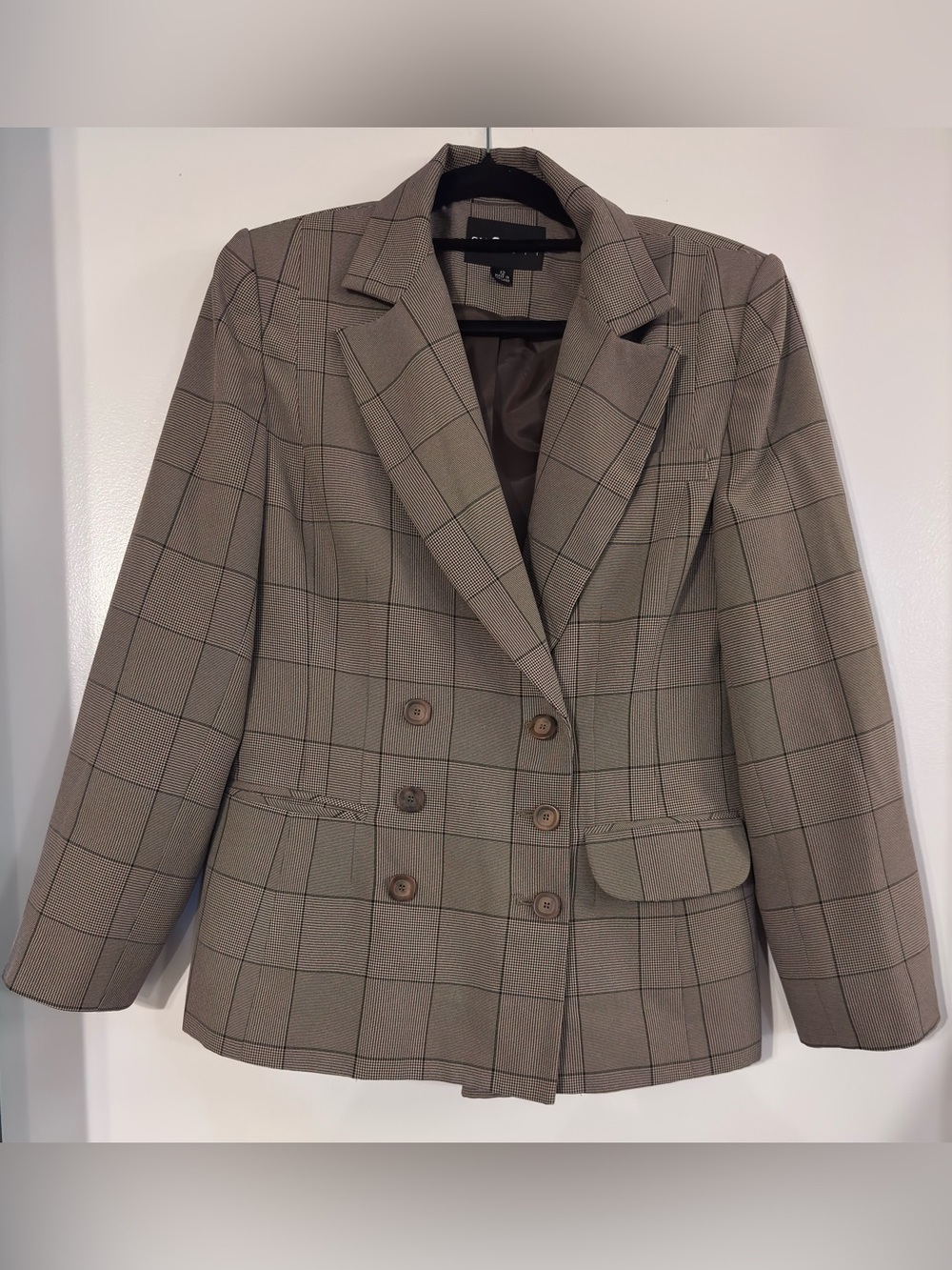 Sage Taupe Plaid Double-Breasted Women's Blazer